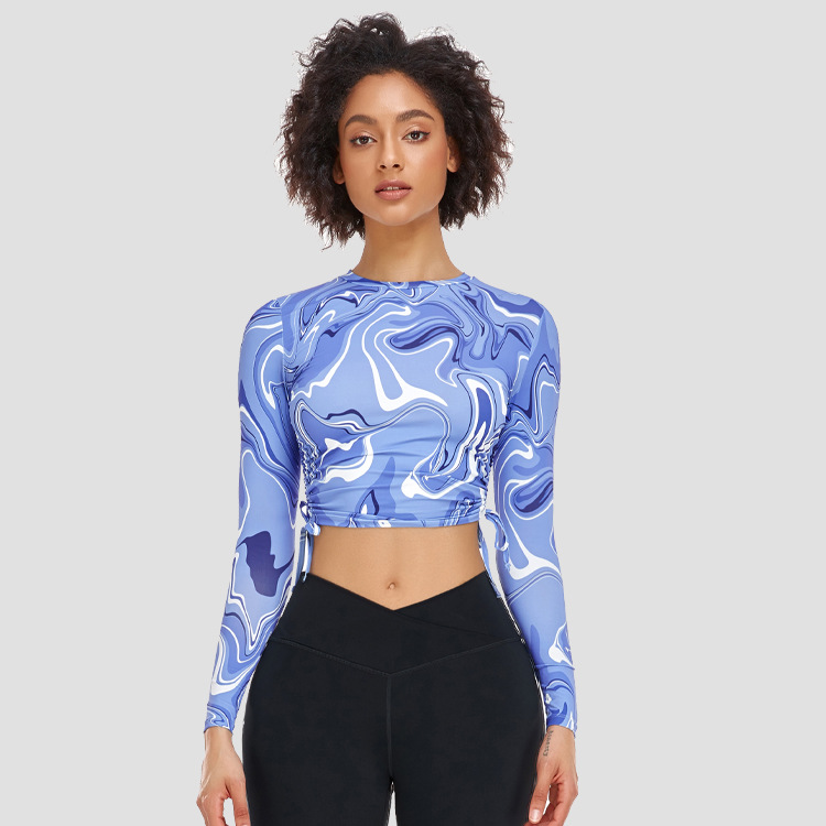 Custom Woman Tops Fashionable Blue Marble Print O Neck Ladies Tops Long Sleeve Women's Crop Top