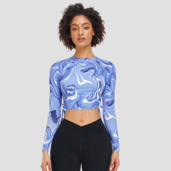 Custom Woman Tops Fashionable Blue Marble Print O Neck Ladies Tops Long Sleeve Women's Crop Top