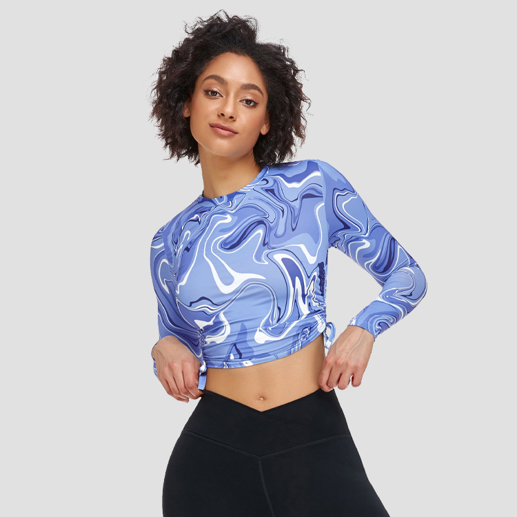 Custom Woman Tops Fashionable Blue Marble Print O Neck Ladies Tops Long Sleeve Women's Crop Top