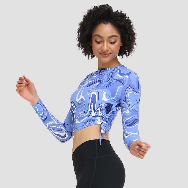 Custom Woman Tops Fashionable Blue Marble Print O Neck Ladies Tops Long Sleeve Women's Crop Top