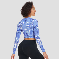 Custom Woman Tops Fashionable Blue Marble Print O Neck Ladies Tops Long Sleeve Women's Crop Top