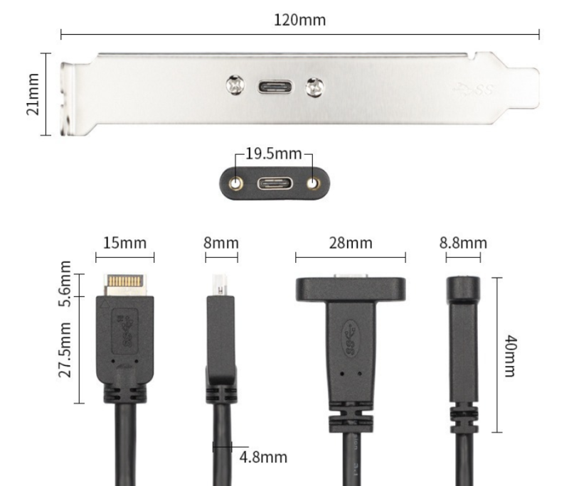 Lodalink USB 3.1 Type E to Tye C Front Panel Mount Cable, 20Gbps,