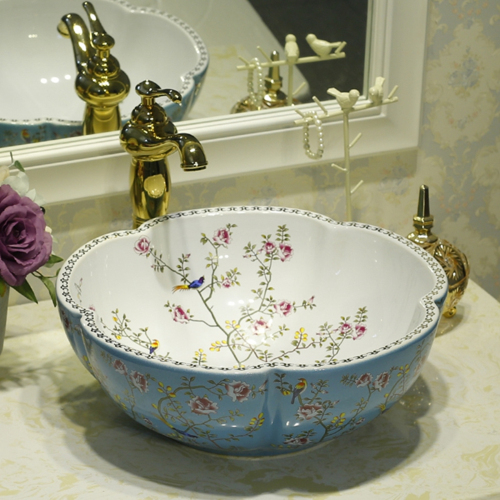 Flower Shaped Ceramic Wash Basin Bathroom Vessel Sink with Flower Bird Pattern