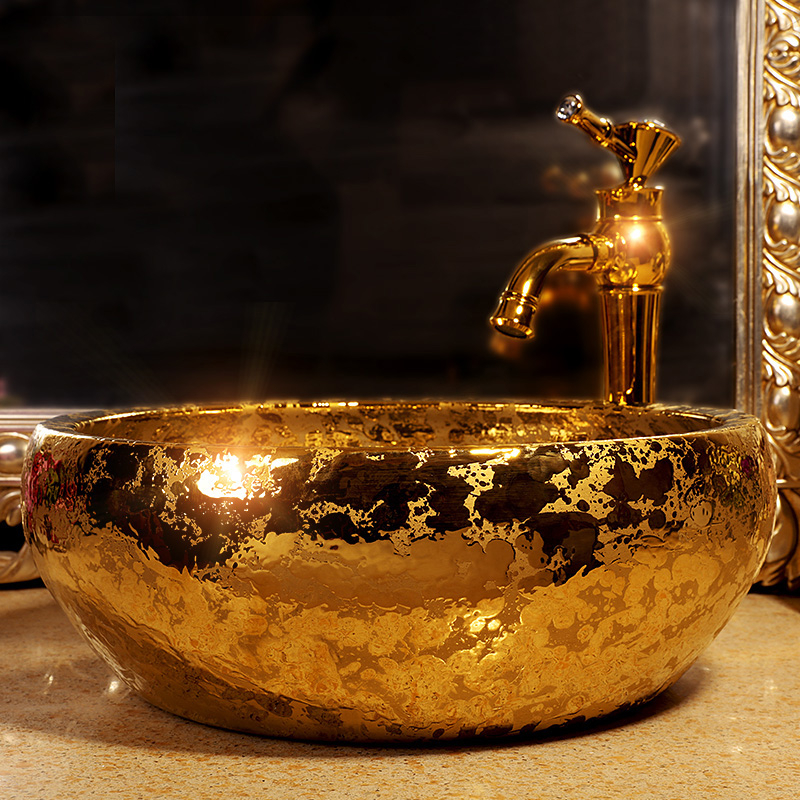 Luxury Gold Style Ceramic Countertop Wash Basin Bathroom Vessel Sink for Vanity Bowl