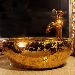 Luxury Gold Style Ceramic Countertop Wash Basin Bathroom Vessel Sink for Vanity Bowl