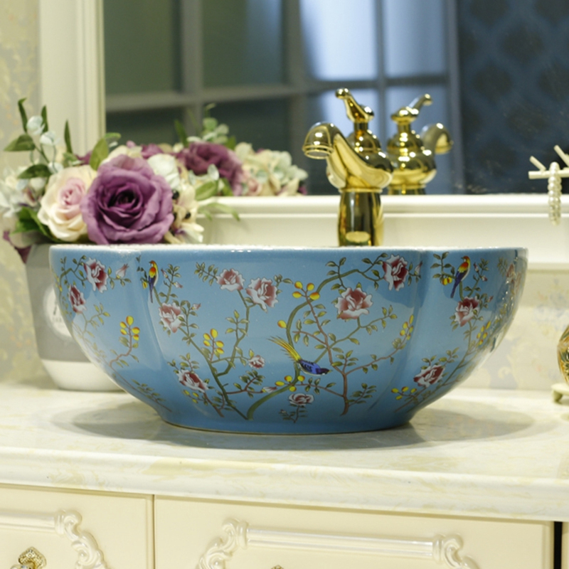 Flower Shaped Ceramic Wash Basin Bathroom Vessel Sink with Flower Bird Pattern