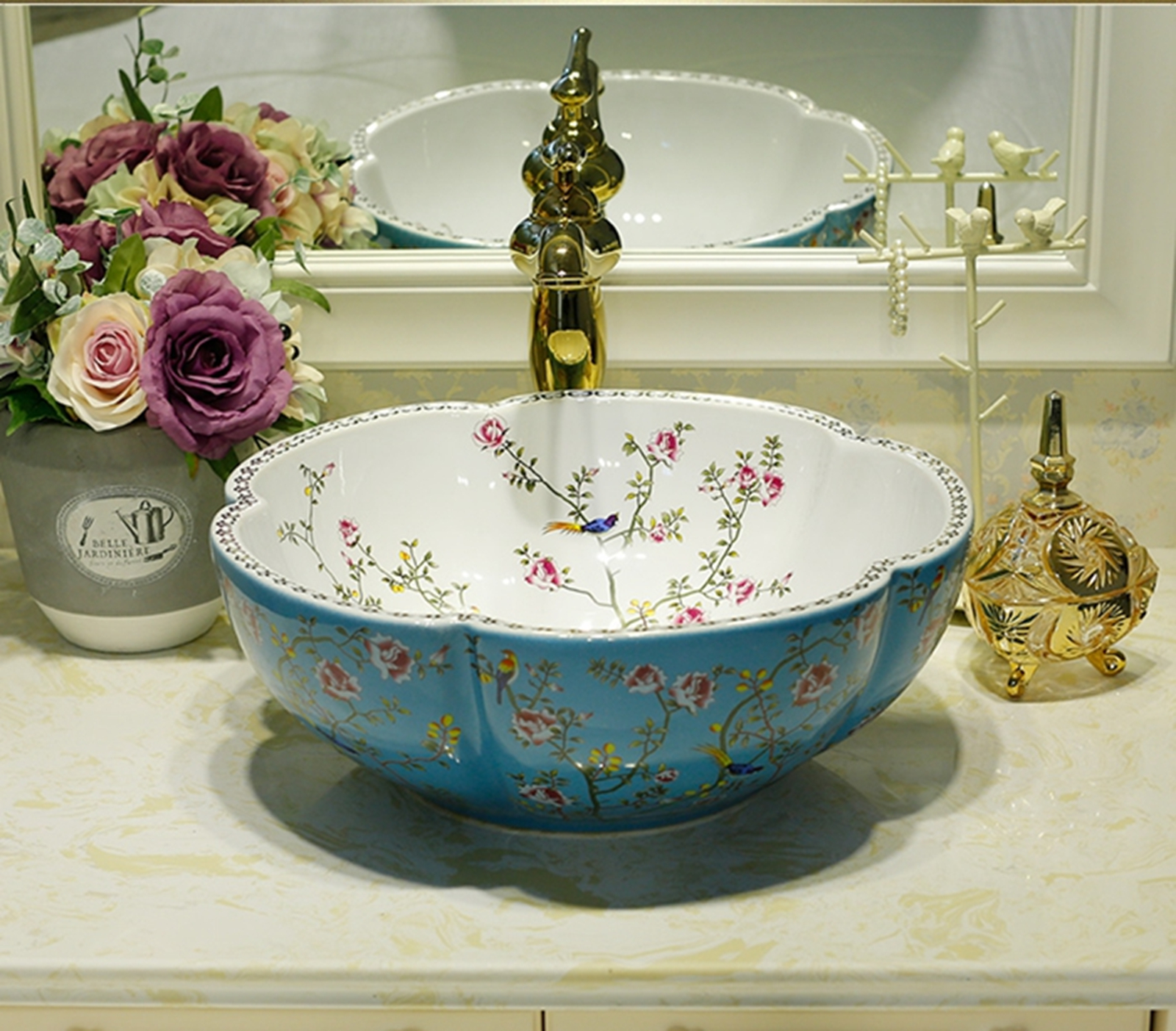 Flower Shaped Ceramic Wash Basin Bathroom Vessel Sink with Flower Bird Pattern