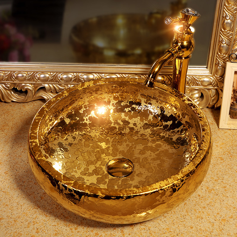 Luxury Gold Style Ceramic Countertop Wash Basin Bathroom Vessel Sink for Vanity Bowl
