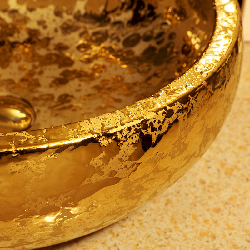 Luxury Gold Style Ceramic Countertop Wash Basin Bathroom Vessel Sink for Vanity Bowl