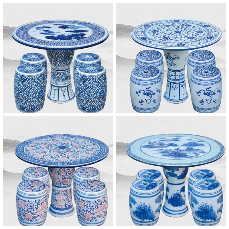 Factory Direct Chinese Hand Painted Blue and White Porcelain Garden Table Set with Ceramic Seat Stools for Indoor and Outdoor