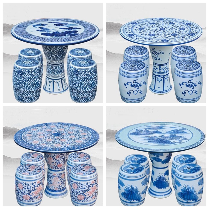Factory Direct Chinese Hand Painted Blue and White Porcelain Garden Table Set with Ceramic Seat Stools for Indoor and Outdoor