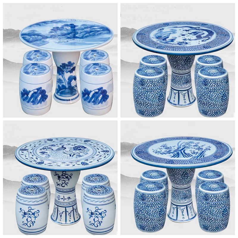Factory Direct Chinese Hand Painted Blue and White Porcelain Garden Table Set with Ceramic Seat Stools for Indoor and Outdoor