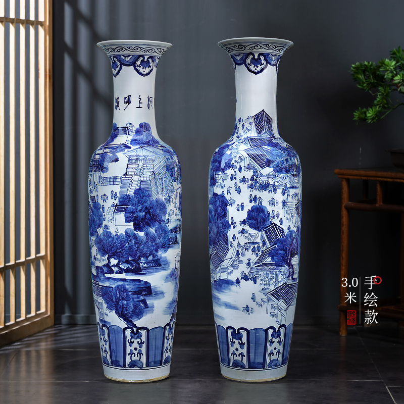 Large Chinese Hand Painted Dragon Ceramic Blue and White Porcelain Floor Vases