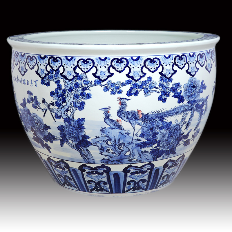 Antique large chinese Hand Painted blue white ceramic planters pots