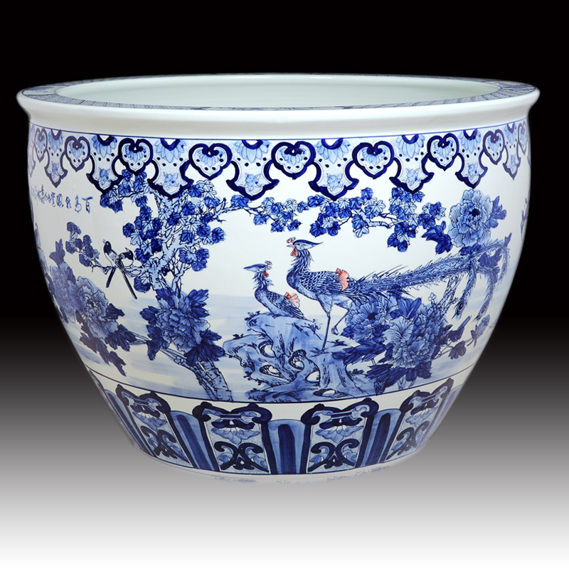 Antique large chinese Hand Painted blue white ceramic planters pots