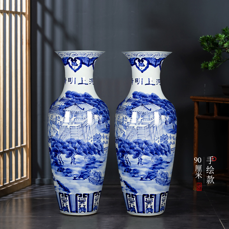 Large Chinese Hand Painted Dragon Ceramic Blue and White Porcelain Floor Vases