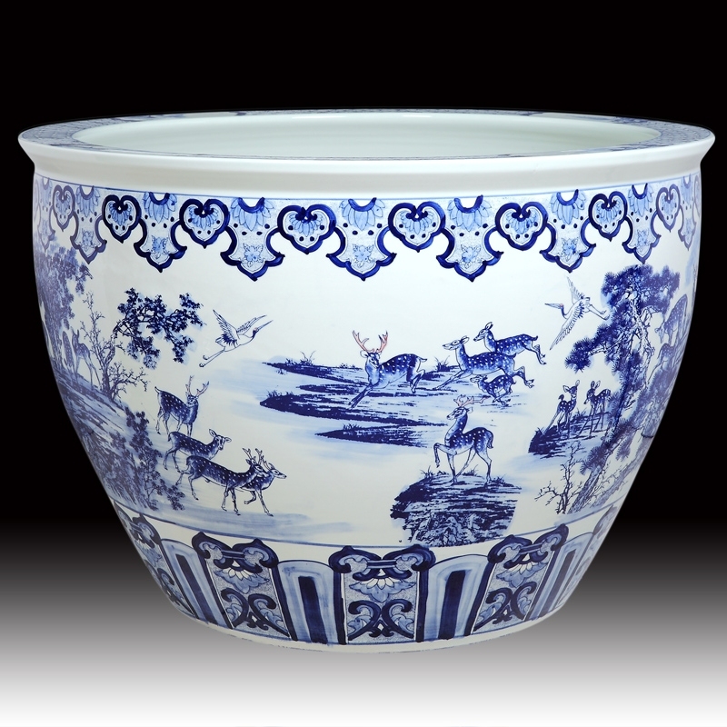 Antique large chinese Hand Painted blue white ceramic planters pots