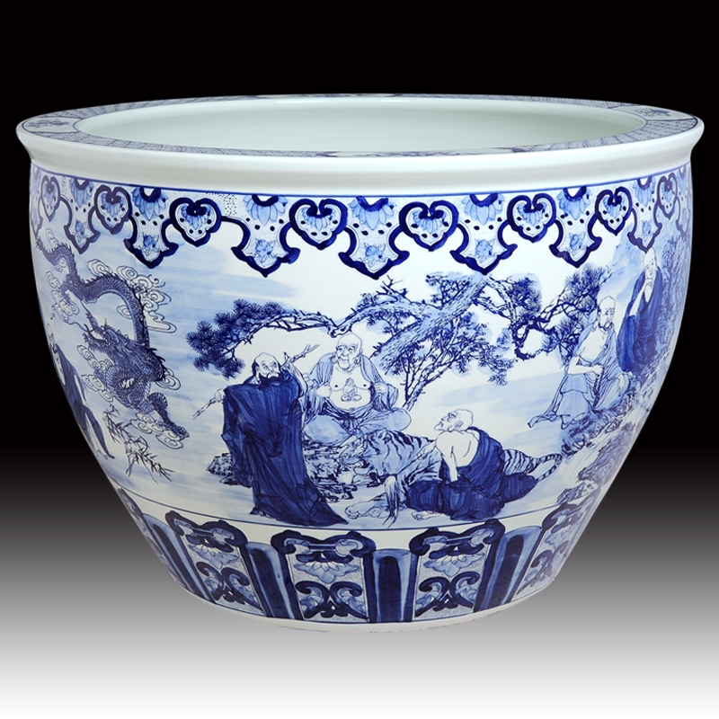 Antique large chinese Hand Painted blue white ceramic planters pots