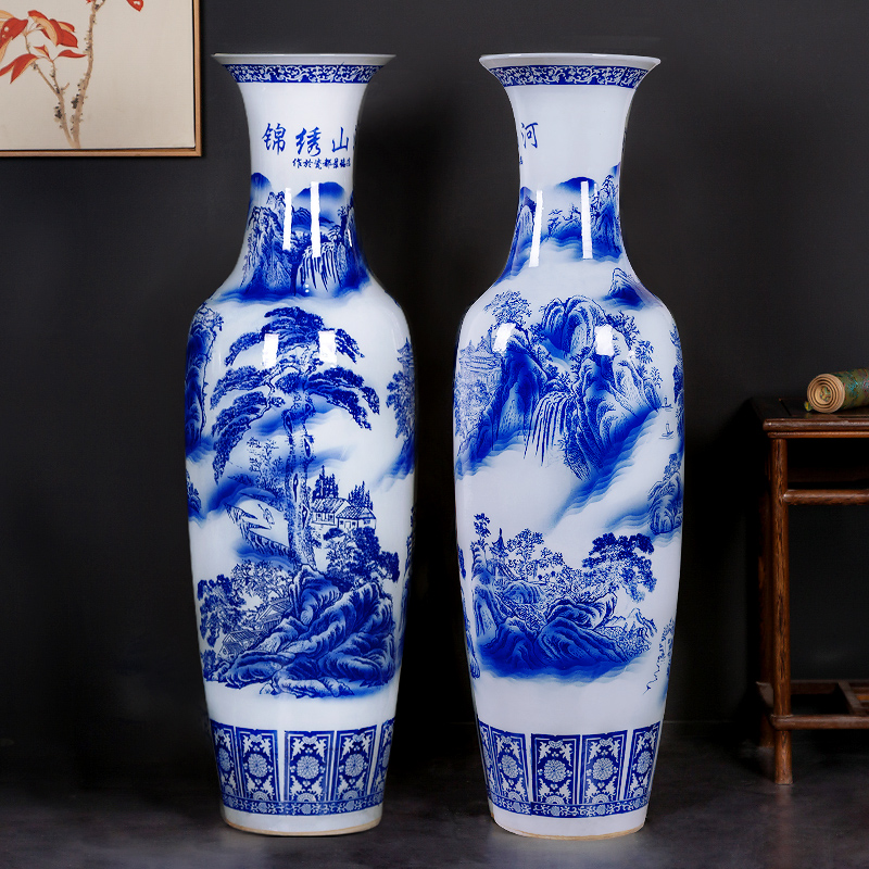 Large Chinese Hand Painted Dragon Ceramic Blue and White Porcelain Floor Vases