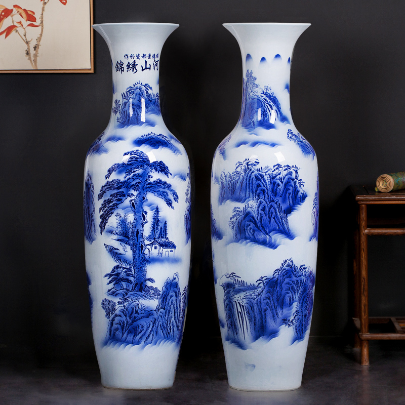 Large Chinese Hand Painted Dragon Ceramic Blue and White Porcelain Floor Vases