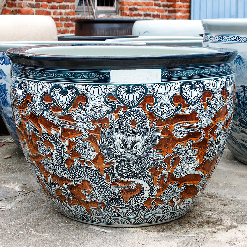 Luxury large size outdoor usage chinese hand painted dragon ceramic plant pots