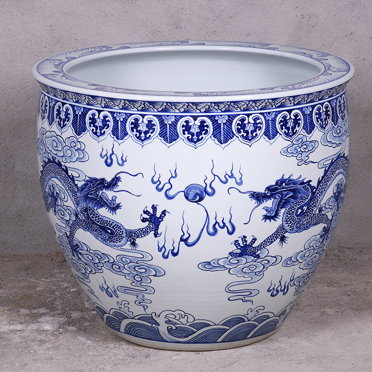 Antique large chinese Hand Painted blue white ceramic planters pots