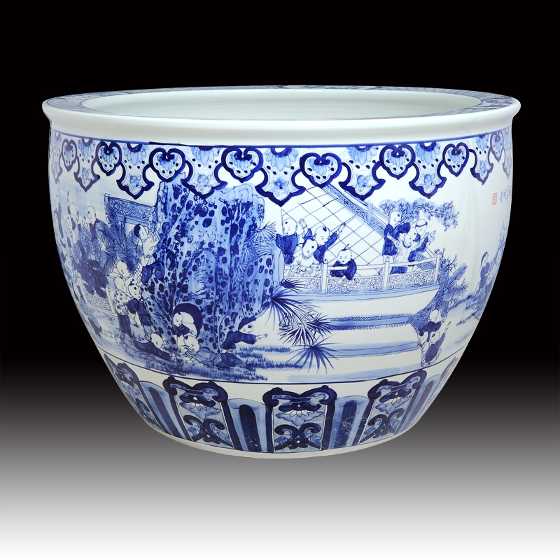 Antique large chinese Hand Painted blue white ceramic planters pots