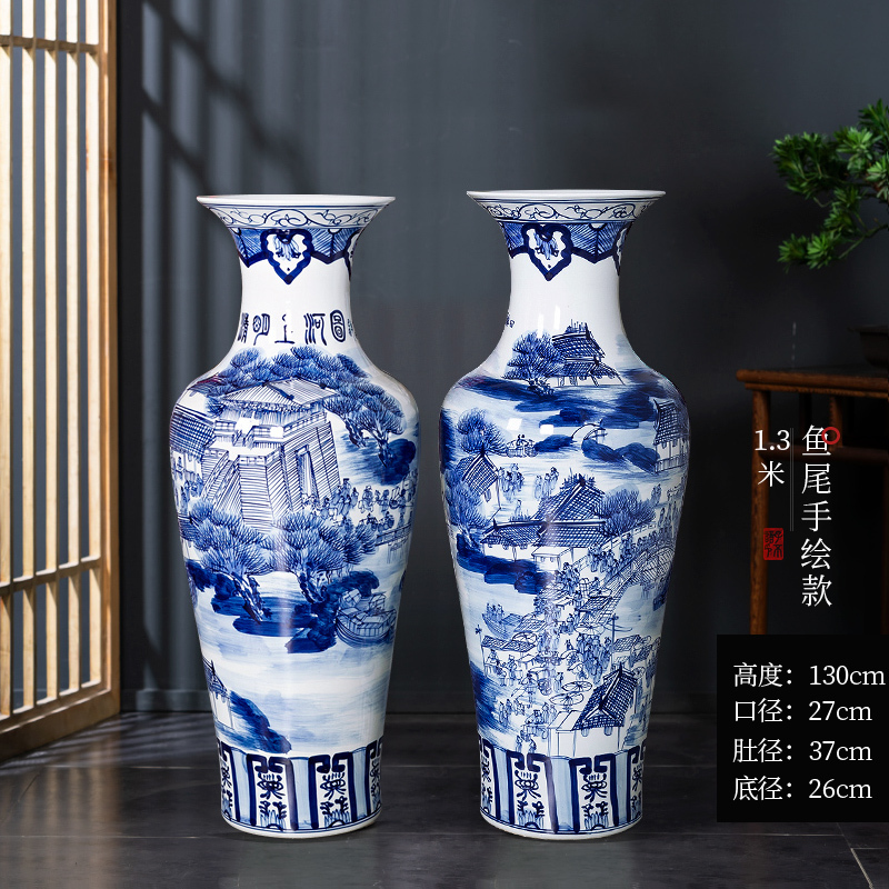 Large Chinese Hand Painted Dragon Ceramic Blue and White Porcelain Floor Vases