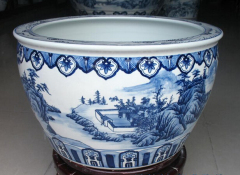 Antique large chinese Hand Painted blue white ceramic planters pots