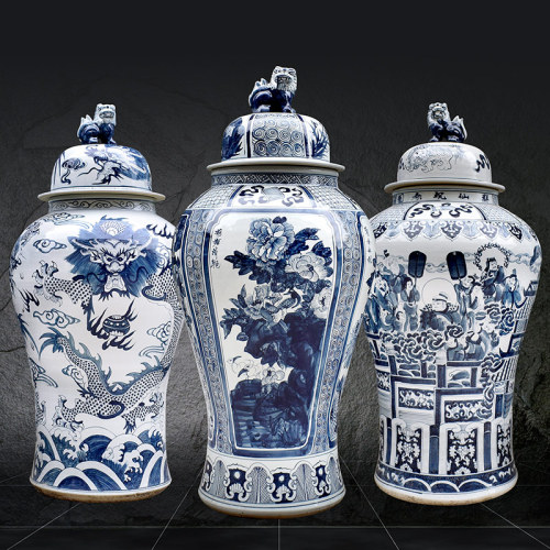 Large Chinese Hand Painted Dragon Ceramic Blue and White Porcelain Floor Vases