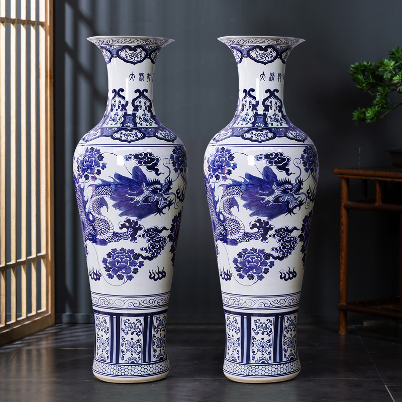 Large Chinese Hand Painted Dragon Ceramic Blue and White Porcelain Floor Vases