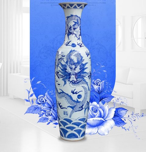 Large Chinese Hand Painted Dragon Ceramic Blue and White Porcelain Floor Vases