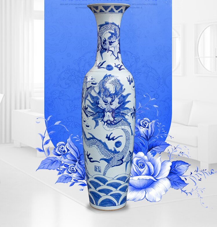 Large Chinese Hand Painted Dragon Ceramic Blue and White Porcelain Floor Vases