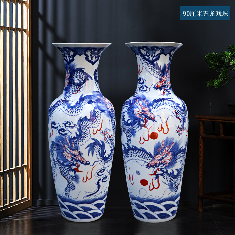 Large Chinese Hand Painted Dragon Ceramic Blue and White Porcelain Floor Vases