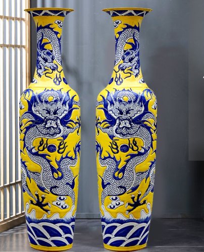 Large Chinese Hand Painted Dragon Ceramic Blue and White Porcelain Floor Vases