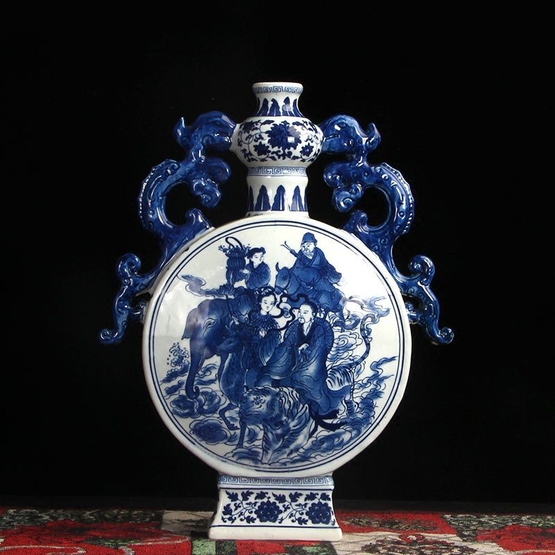 Jingdezhen blue and white porcelain eight immortals crossing the sea double ear antique vase