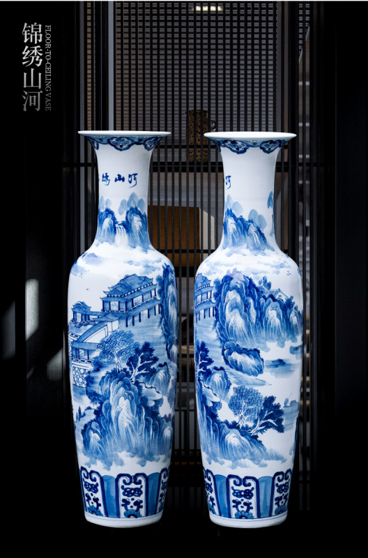 Large Chinese Hand Painted Dragon Ceramic Blue and White Porcelain Floor Vases