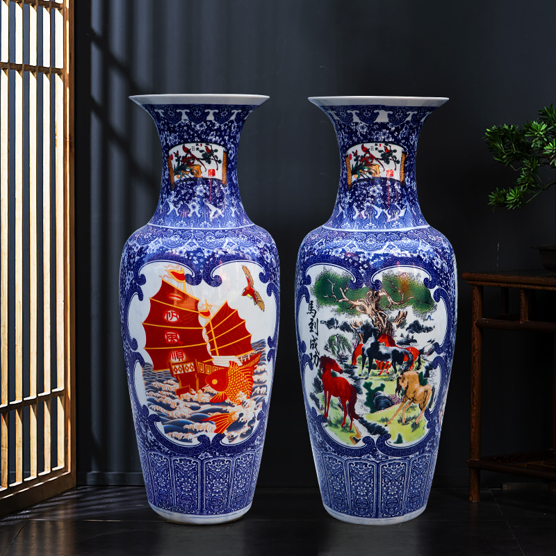 Large Chinese Hand Painted Dragon Ceramic Blue and White Porcelain Floor Vases