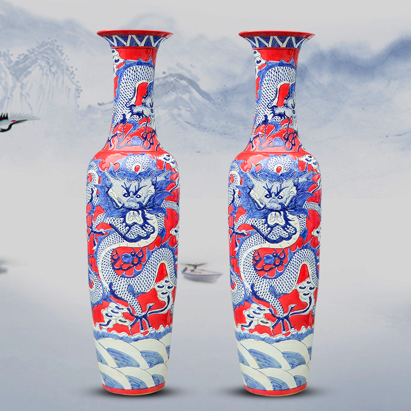Large Chinese Hand Painted Dragon Ceramic Blue and White Porcelain Floor Vases