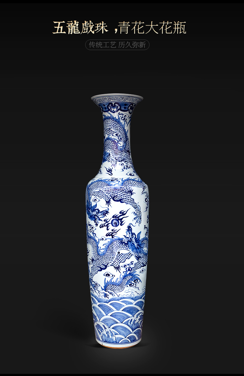 Large Chinese Hand Painted Dragon Ceramic Blue and White Porcelain Floor Vases