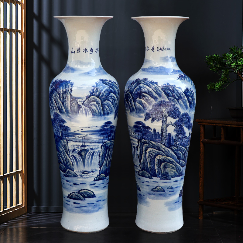 Large Chinese Hand Painted Dragon Ceramic Blue and White Porcelain Floor Vases