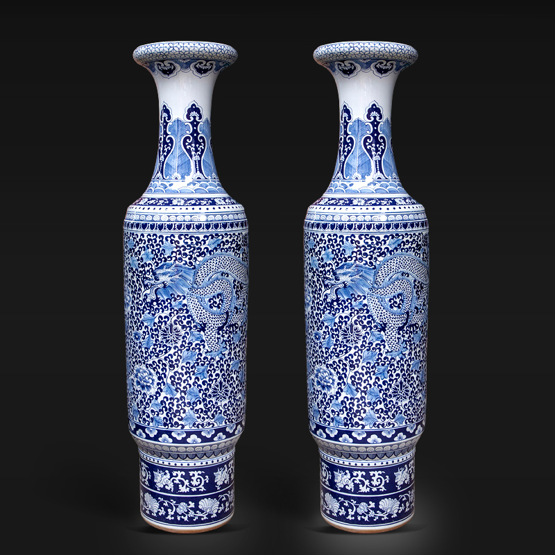 Large Chinese Hand Painted Dragon Ceramic Blue and White Porcelain Floor Vases