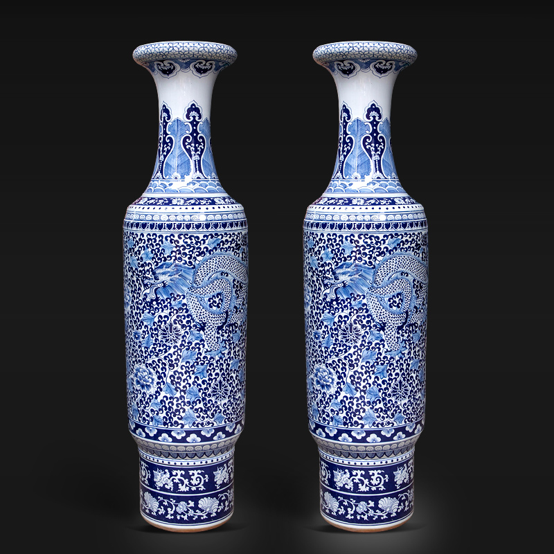 Large Chinese Hand Painted Dragon Ceramic Blue and White Porcelain Floor Vases