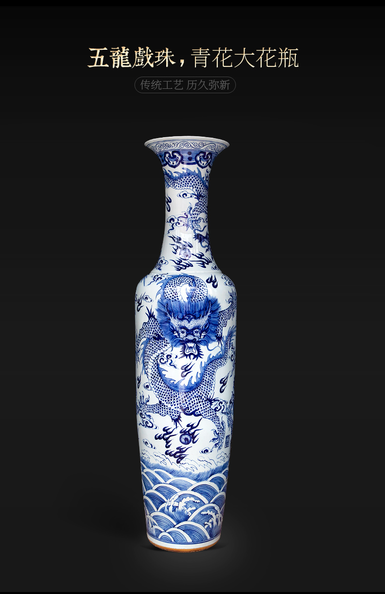 Large Chinese Hand Painted Dragon Ceramic Blue and White Porcelain Floor Vases