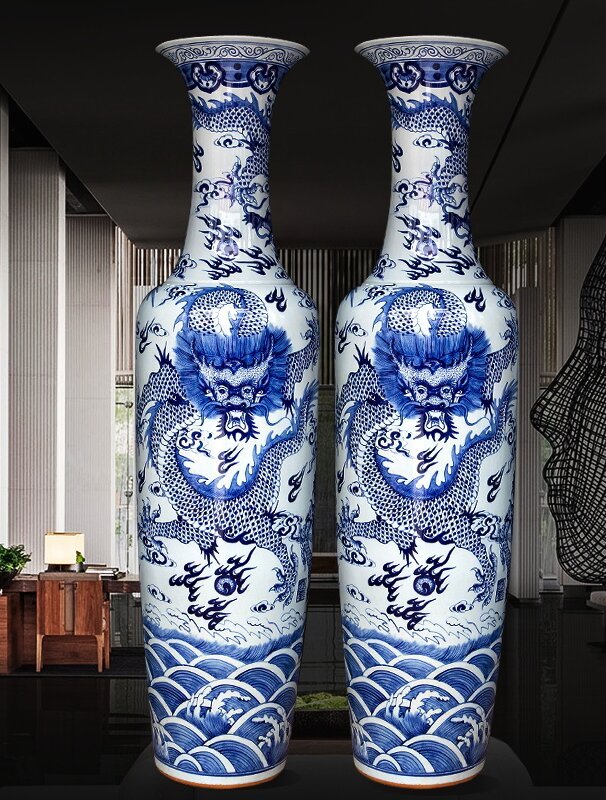Large Chinese Hand Painted Dragon Ceramic Blue and White Porcelain Floor Vases