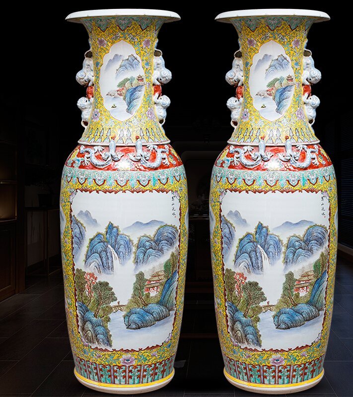 Large Chinese Hand Painted Dragon Ceramic Blue and White Porcelain Floor Vases