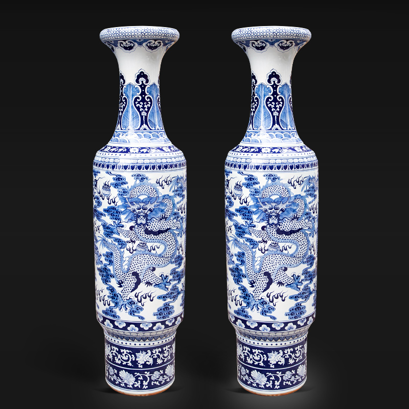 Large Chinese Hand Painted Dragon Ceramic Blue and White Porcelain Floor Vases