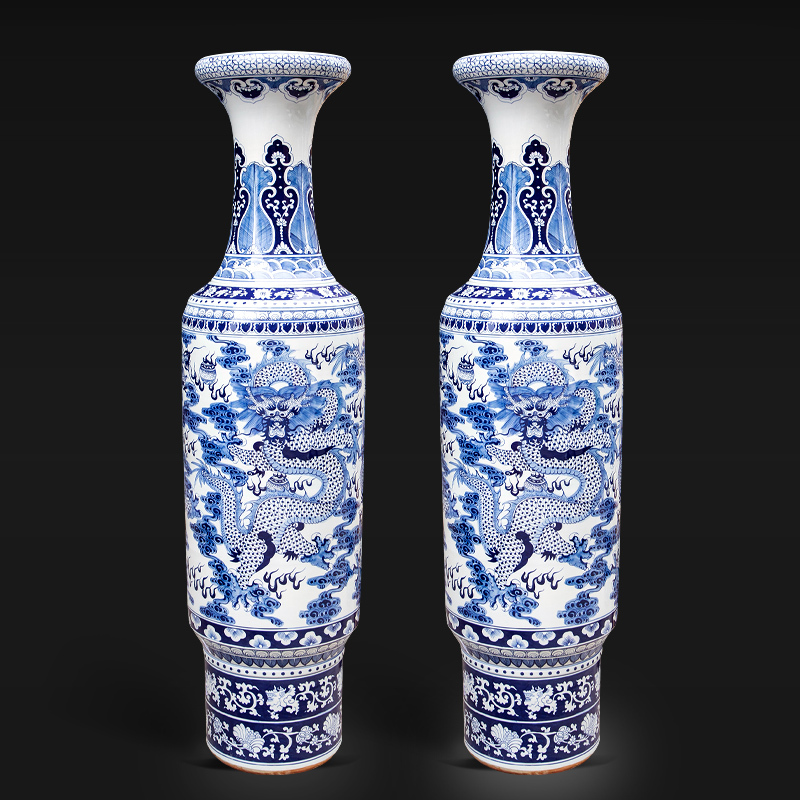 Large Chinese Hand Painted Dragon Ceramic Blue and White Porcelain Floor Vases