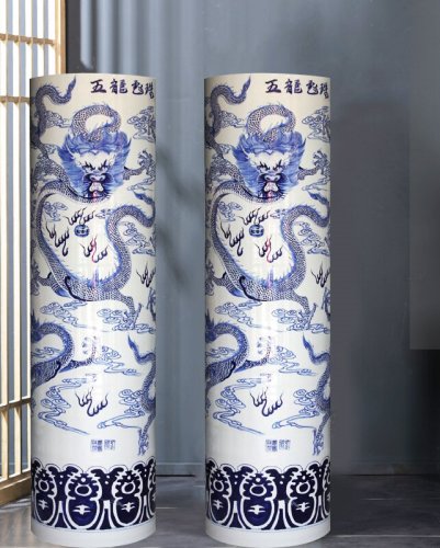 Large Chinese Hand Painted Dragon Ceramic Blue and White Porcelain Floor Vases