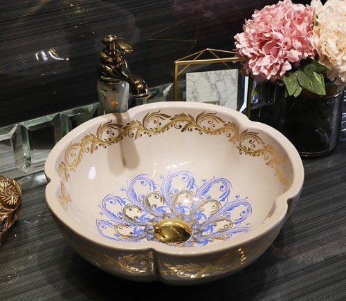 Flower Shaped Ceramic Wash Basin Bathroom Vessel Sink with Flower Bird Pattern